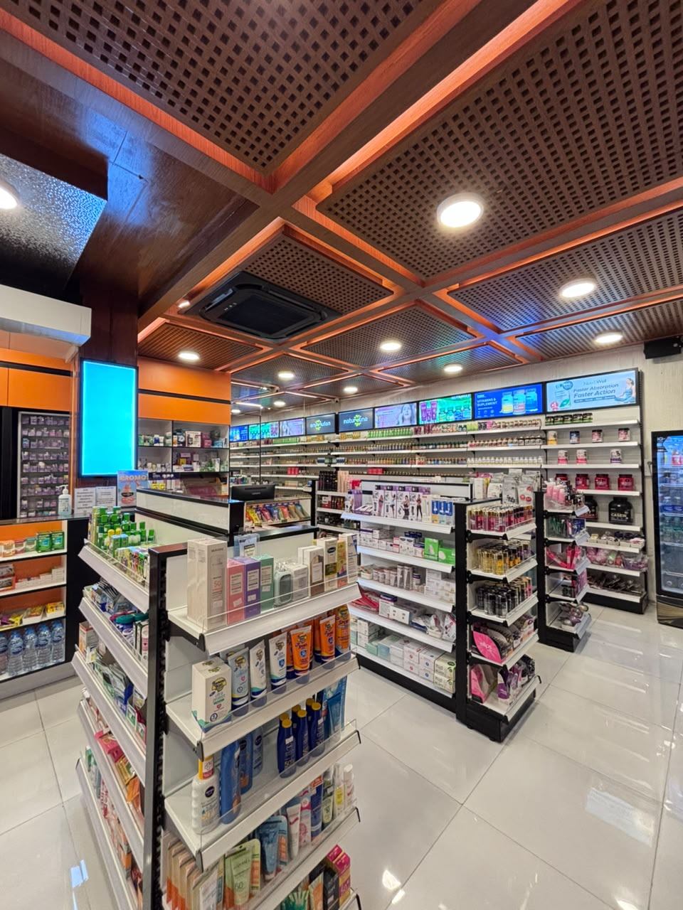 Store interior with wooden ceiling